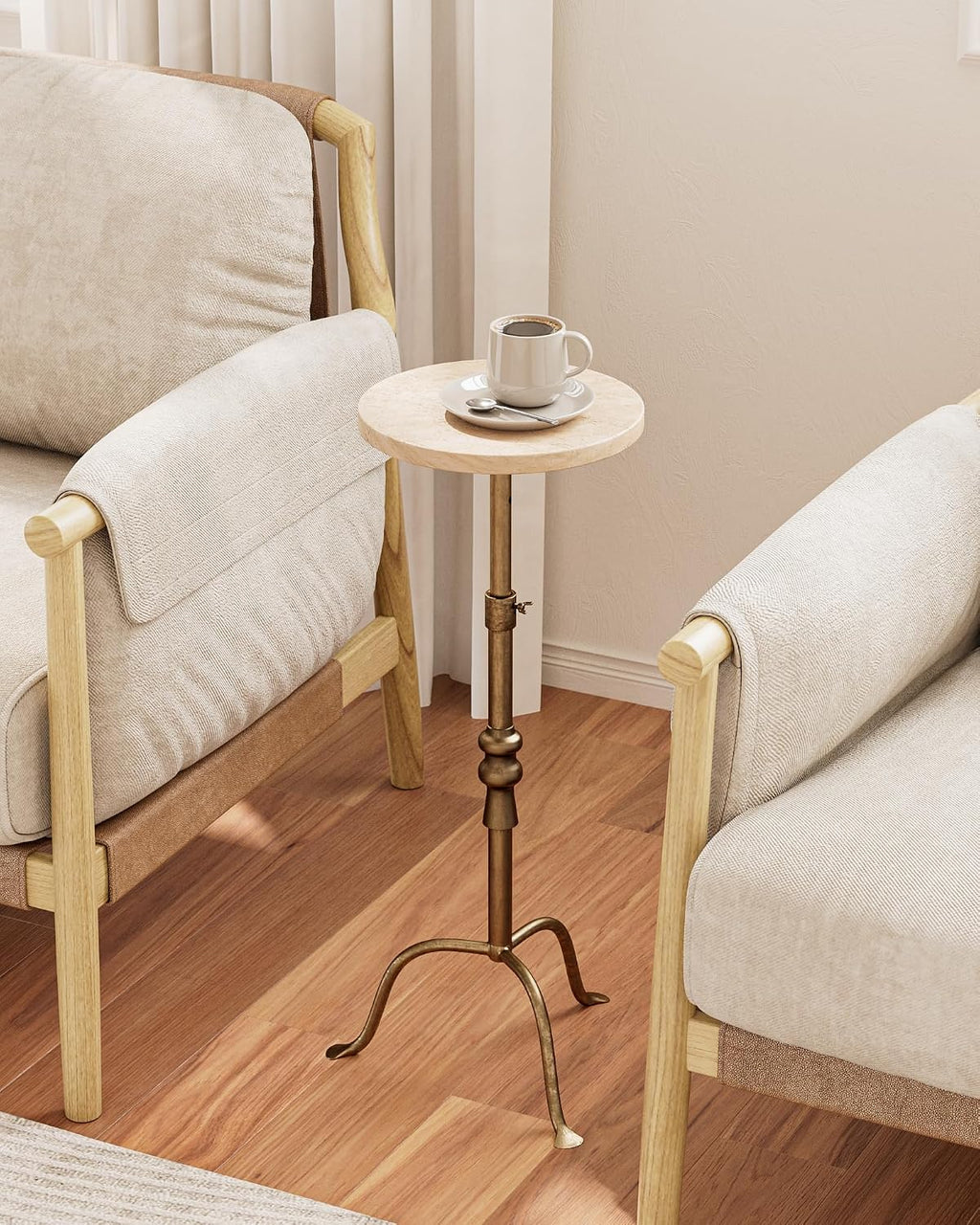 Adjustable Height Round Pedestal Table - 10x10x22-30 Inch, Beige Travertine - Image 4