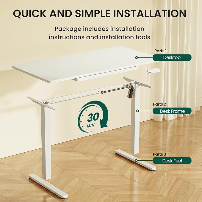 BANTI 48"x24" Standing Desk with Glass Top, Height Adjustable Computer Desk with Drawer, One-piece Rising Home Office Desks with Positon Memory, Sit Stand Up Electric Workstation Table, White - Image 8