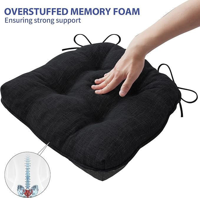 IPYNBAP Chair Cushions for Dining Chairs Set of 4, Kitchen Chair Cushions, Chair Pads with Ties and Non Slip Backing, Tufted Memory Foam Seat Cushion 4 Pack, 15.5" x 15.5" x 4", Black - Image 5