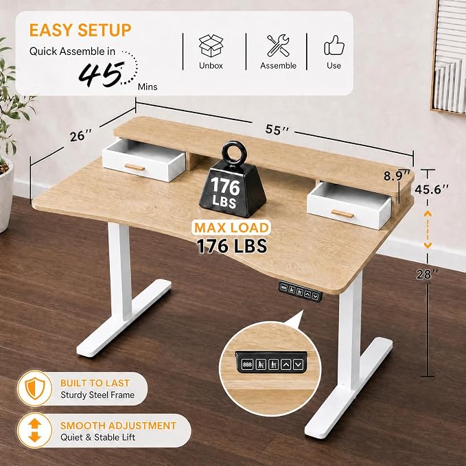 Grandder Electric Standing Desk with Two Drawers, Curved Sit to Stand Up Height Adjustable Desk with Storage Shelf for Home Office, 55 * 26 Inch, Study, Ergonomic Adjustable Computer Desk, Oak - Image 2