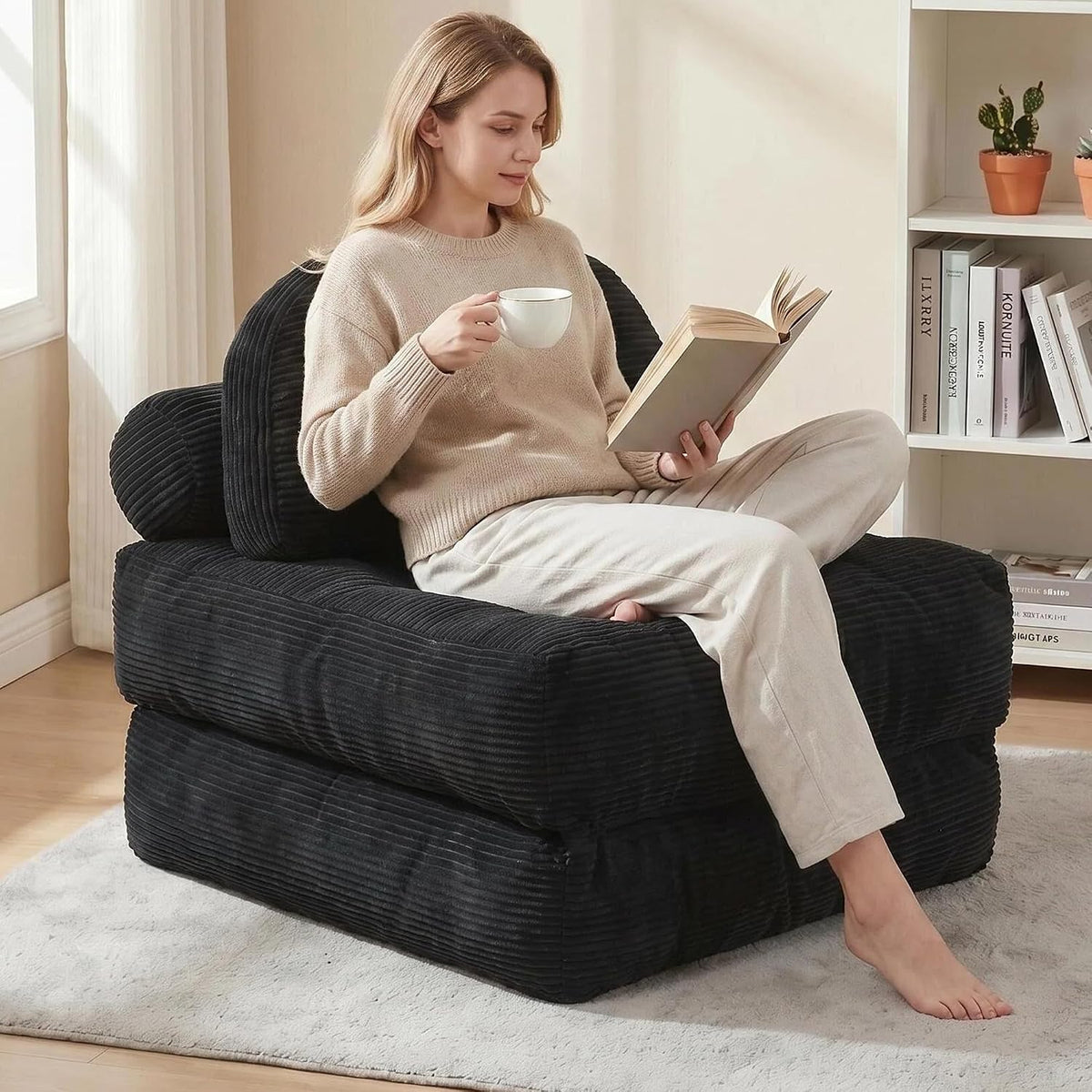 Convertible Corduroy Floor Sofa, 3-in-1 Folding Lazy Sofa Bed with Adjustable Backrest, Soft Bean Bag Chair Lounger for Living Room, Bedroom, Guest Room, Oversized Sleeper Chair - Image 6