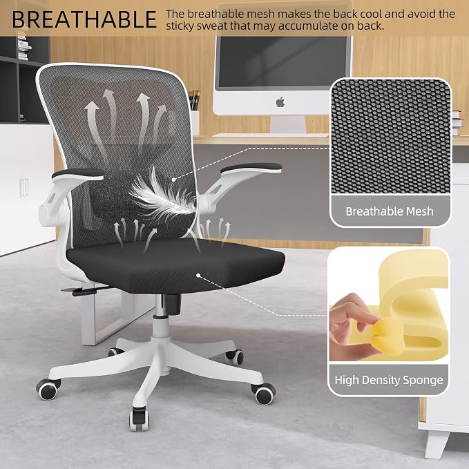 Monhey Office Chair - Ergonomic Office Chair with Lumbar Support & Flip Up Arms Home Office Desk Chairs Rockable High Back Swivel Computer Chair White Frame & Black Mesh Study Chair - Image 9