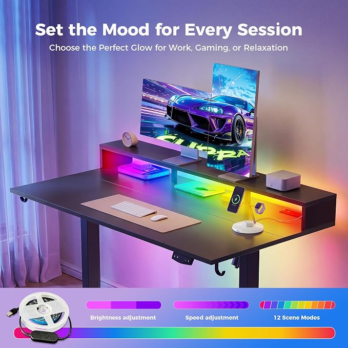 Klicelor Electric Standing Desk with Shelf, 55 Inch Height Adjustable Desk with Power Outlets & LED, Sit Stand Up Table with Monitor Stand, Computer Workstation for Home Office, Black - Image 9