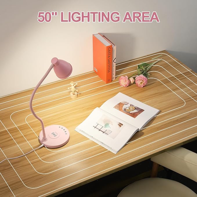 BOHON Cute Desk Lamp for Home Office with USB C+A Charging Port Timer Pink | LED Desk Light with Wireless Charger 5 Colors Stepless Dimming Reading Light Touch Bedside Table Lamp for College Dorm Room - Image 5