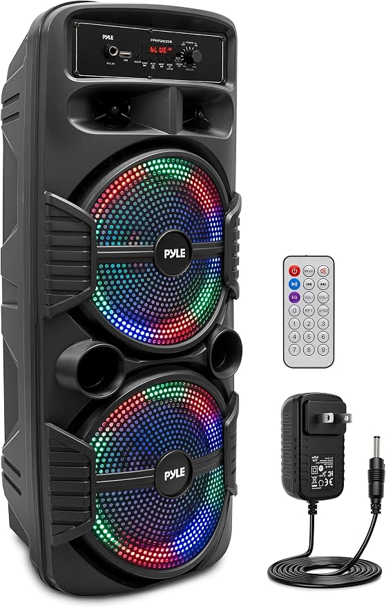 Pyle Portable Bluetooth PA Speaker System - 600W Rechargeable Outdoor Bluetooth Speaker Portable PA System w/ Dual 8” Subwoofer 1” Tweeter, Microphone In, Party Lights, USB, Radio, Remote - PPHP2835B by PyleUSA