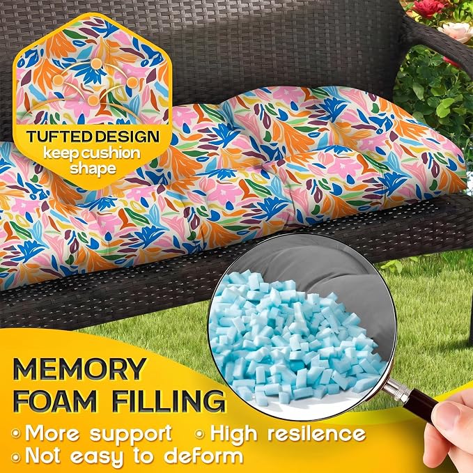 MAGIC ELEPHANT Outdoor Bench Cushion, Memory Foam Loveseat Cushion for Patio Furniture Wicker Chair, Settee Porch Swing Seat Cushion, 44 x 19 Inches (Multicolor Leaves) - Image 3