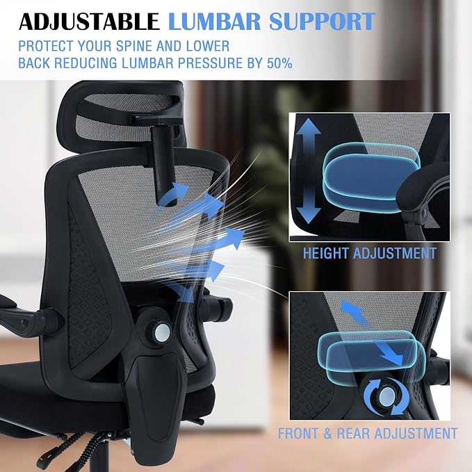 Ergonomic Office Chair with Footrest - Adjustable Lumbar Support & 3D Headrest, 90-160° Reclining Mesh High-Back Rolling Work Swivel Computer Chair-400lbs Capacity - Image 6