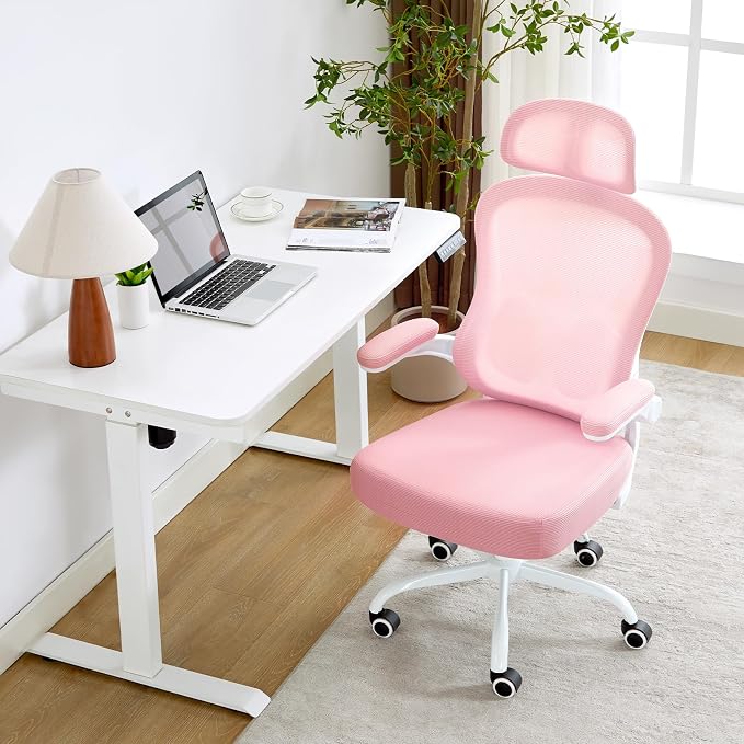 Ergonomic Office Chair,Ultra Thick Spring Cushion Desk Chair,Pink | Adjustable Lumbar Support and Headrest,Flip-up Arms,Rocking Function,Mesh Home Office Computer Chair - Image 8