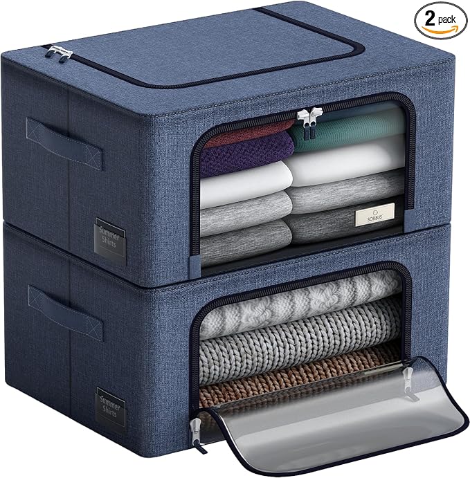 Sorbus Clothes Storage Bins, Clear Window & Handles (Medium, 2 Pack, Blue) | Large foldable stackable boxes have easy-carry grips for bedding and linens in closets, bedrooms and laundry rooms. by Sorbus