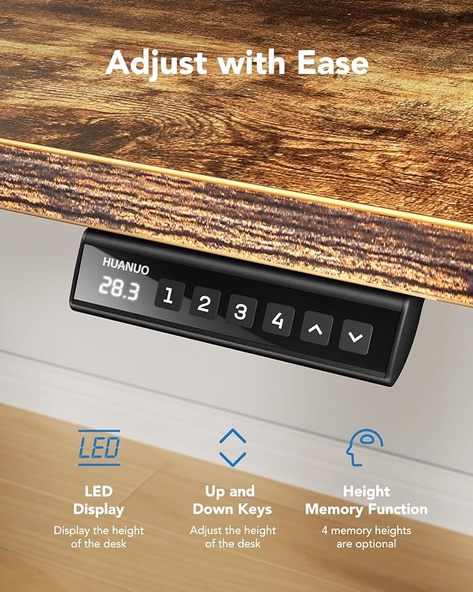 HUANUO Electric Standing Desk, Whole Piece Desktop, Adjustable Height Computer Desk, 4 Height Memory Settings, Sit Stand Up Desk for Home Office, 60" x 24", Vintage - Image 6
