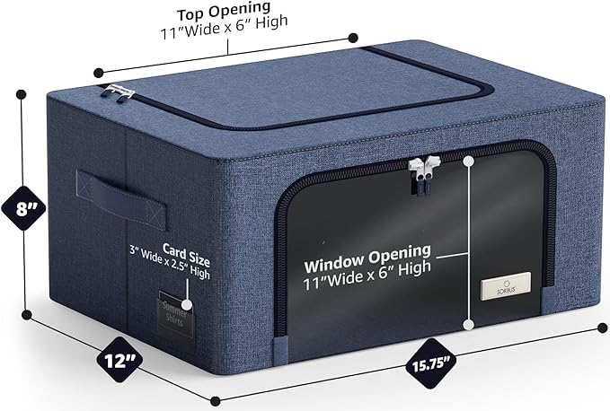 Sorbus Clothes Storage Bins, Clear Window & Handles (Medium, 2 Pack, Blue) | Large foldable stackable boxes have easy-carry grips for bedding and linens in closets, bedrooms and laundry rooms. - Image 3