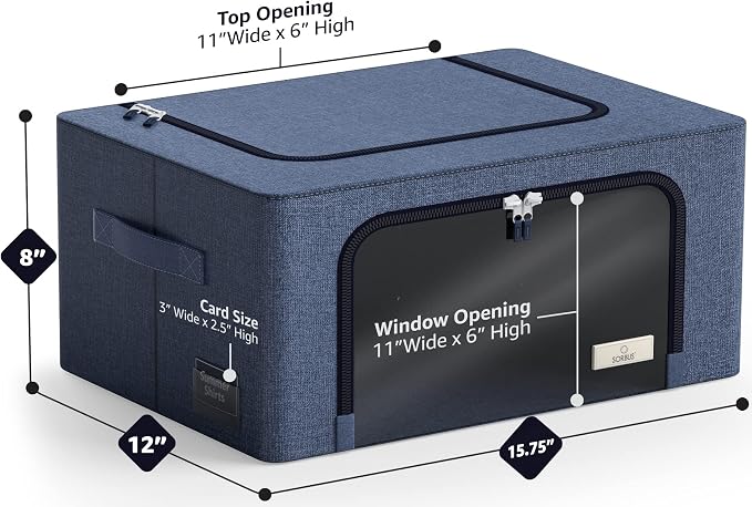 Sorbus Clothes Storage Bins, Clear Window & Handles (4 Pack, Blue) | Large foldable stackable boxes have easy-carry grips for bedding and linens in closets, bedrooms and laundry rooms. - Image 3