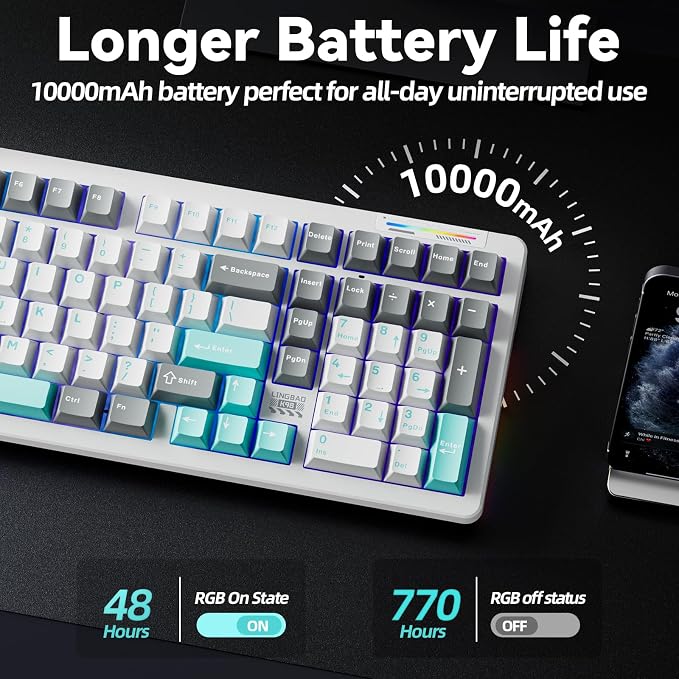 LINGBAO K98 96% Mechanical Creamy Wireless Gaming Keyboard With Number Pad | BT5.0/2.4G/USB-C, Gasket Custom Hot-Swappable Keyboard, 10000mAh Battery, RGB Backlit, Creamy Sound for Windows Mac PC Gamers - Image 4