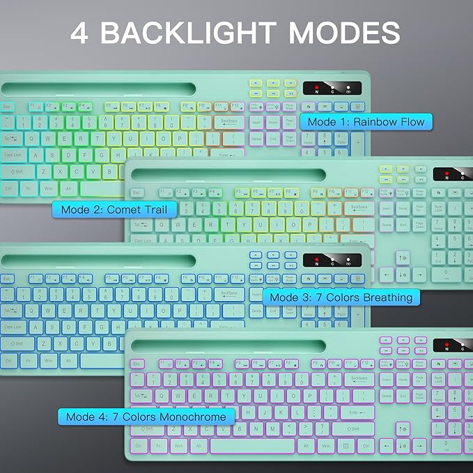 Wireless Keyboard with 7-Color RGB Backlit, Soueto Full-Size Computer Keyboard with Phone Tablet Holder, 2.4G Rechargeable Gaming Keyboard with Light Up Keys, Compatible with Mac, Windows (Mint Green) - Image 3