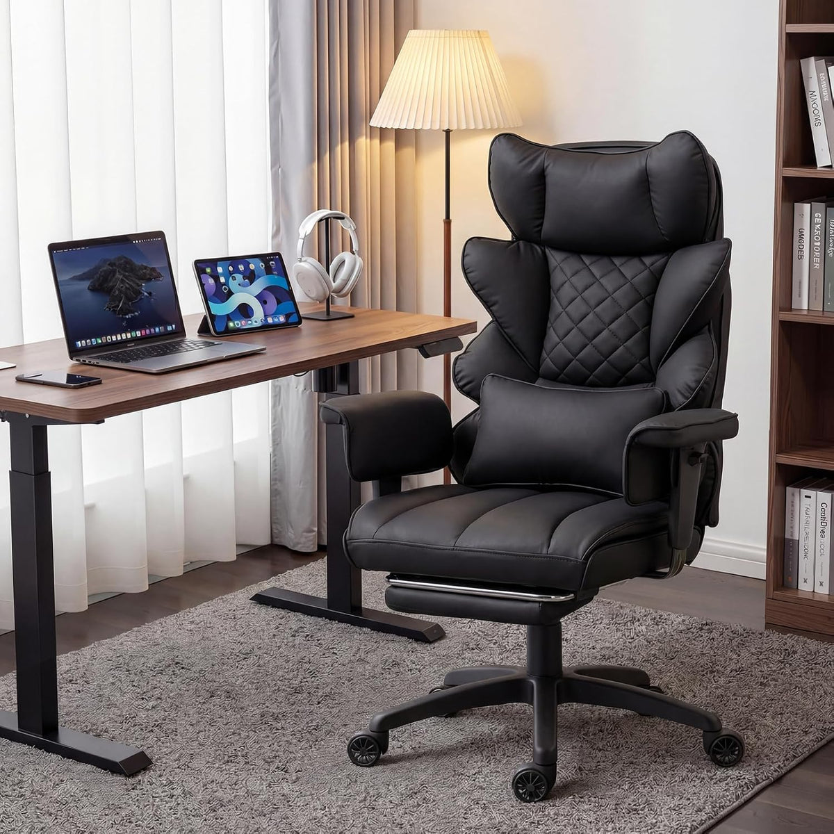 Dowinx Big and Tall Office Chair with Pocket Spring Cushion,High Back Computer Gaming Chairs with Adjustable Armrests,Executive Desk Chairs with Lumbar Support and Footrest,PU-Black - Image 2