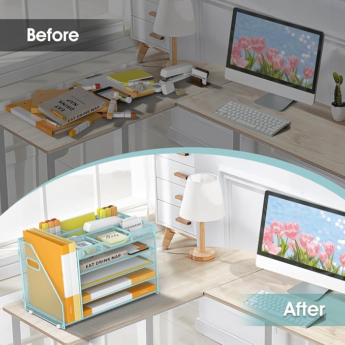 5 Tier Paper Letter Tray Desk Organizer with Pen Holders - Blue | Features 3 pen holders and 4 removable dividers.Versatile mesh desktop storage for mail, document,office supplie - Image 5