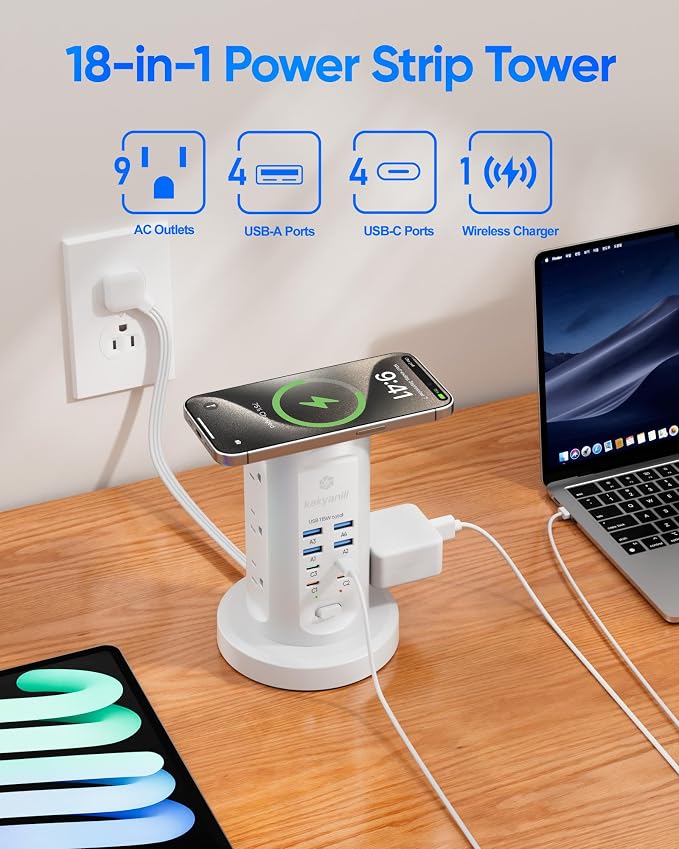 Power Strip Tower, kakyanill PD 65W Charging Station 9 AC Outlets 8 USB | 6 Ft Retractable Extension Cord, 15W Wireless Charger, White - Image 3