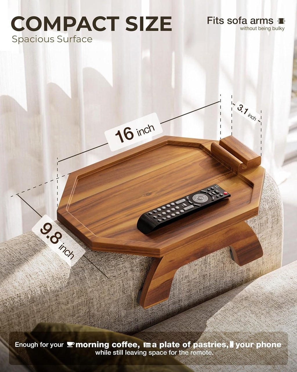 BLUEWEST Octagonal Sofa Arm Tray, Couch Armrest Table, 360° Phone Holder - Image 2