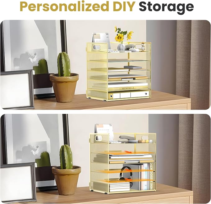 Daltack 6-Tier Paper Organizer for Desk with Handle, Gold | Sturdy Metal Mesh Organizer with Movable Middle Trays and a Carry Handle for Papers, Folders and Office Supplies - Image 3