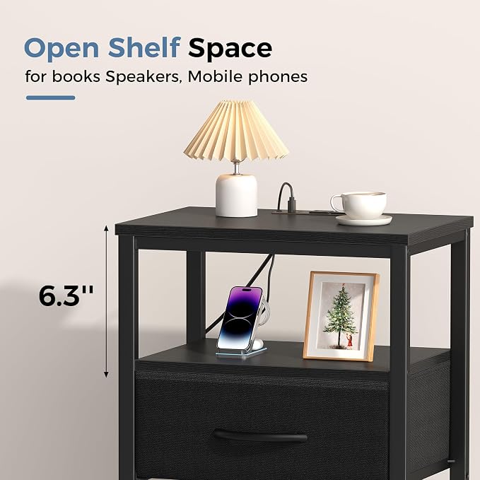 OLIXIS Nightstand with Charging Station, Beside Table with Fabric Drawer | 3-Tier End Table with 2 Storage Shelves,Night Stand with USB Ports and Outlets for Bedroom, Black - Image 4