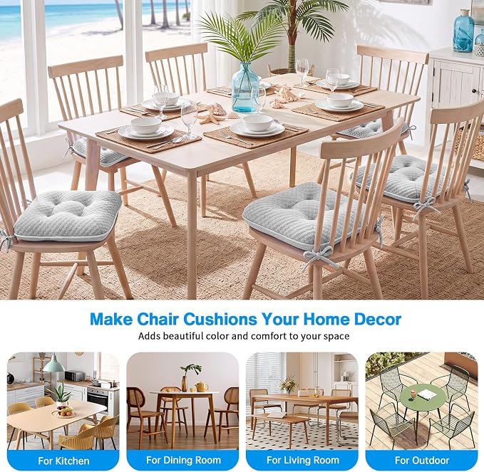 BETU Cooling Chair Cushions Set of 6, 3.5” Thick Seat Cushions, Breathable Comfort Fabric Chair Pads with Non Slip Bottom & Ties, Soft Support Cushion for Kitchen, Office, Patio,15.5"X15.5"X3.5"Gray - Image 9