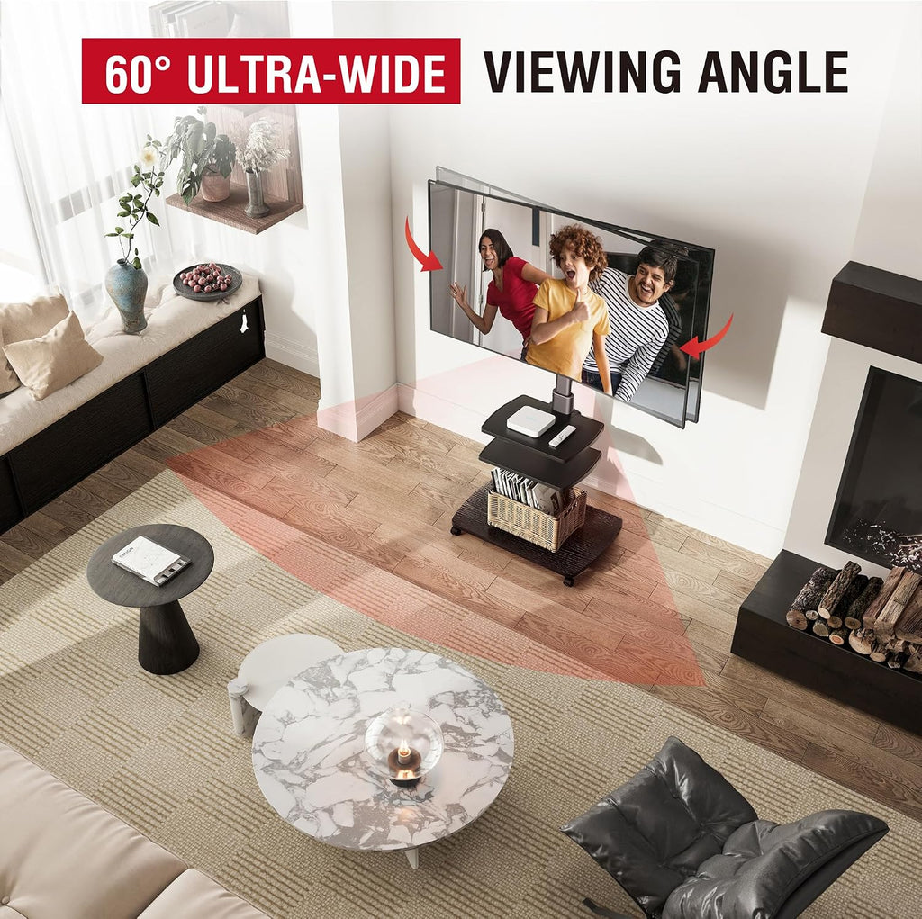 Rolling TV Stand for 32-65 Inch TVs with 2 Shelves, Mobile TV Cart on Wheels, 8-Level Height Adjustable TV Floor Stand with Swivel & Tilt Mount for Bedroom, Living Room, Office - Image 4