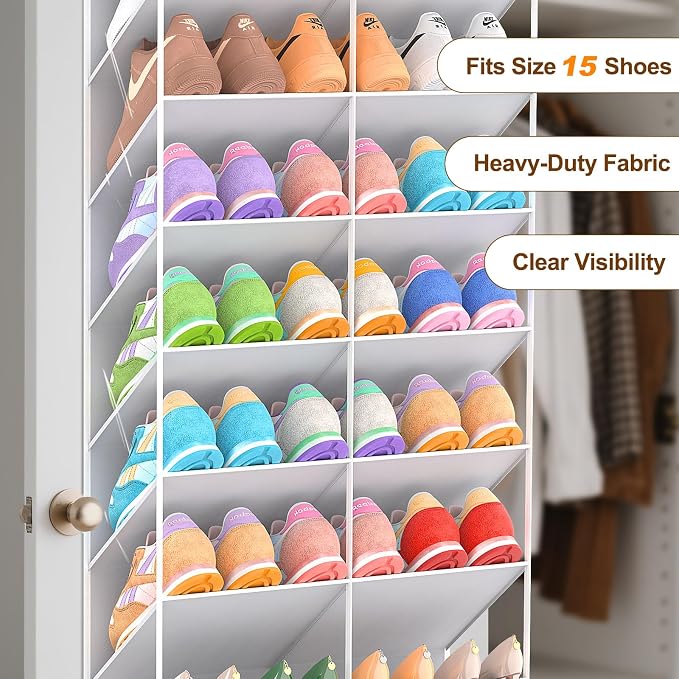 UVIAHOMI 20-30 Pairs Over the Door Shoe Organizer, Clear Pockets Hanging Shoe Storage for Closet, 10-Tier Door Shoes Rack, Handing Shoes Holder Fit All the Family's Sneakers, Boots, Heels, Light Grey - Image 5