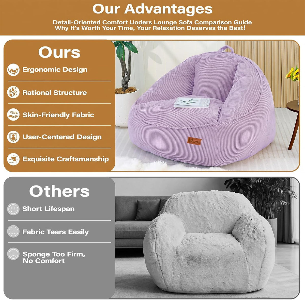 Giant Bean Bag Chair for Adults, Teens and Kids, Cozy Fluffy Corduroy Beanbag Chair with Filler, Large Floor Lounge Sofa for Living Room, Bedroom, Dorm, Gaming and Reading(L-Lightpurple) - Image 7