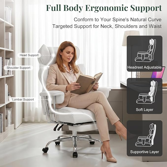 Big and Tall Office Chair 400 LBS, for Adults, Home Office | PU Leather, Executive Ergonomic Desk Chair with Footrest, Lumbar Support, Wide Seat ,Reclining, Beige - Image 4