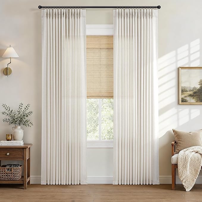 Hokibero Natural Pinch Pleated Linen Curtains 82 Inch Long for Living Room | Ivory Light Filtering Semi Sheer Curtain,Back Tab Hooks Rings,Farmhouse Textured Privacy Drapes for Bedroom Window,2 Panels by Hokibero