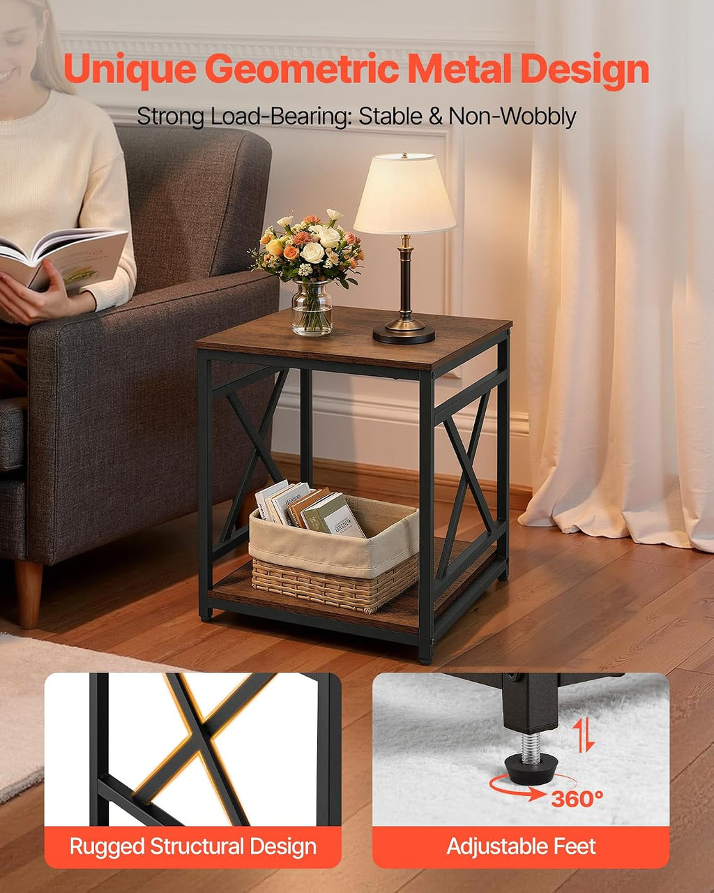 VEVOR End Table 18" Square, 2-Tier Side Table with Open Storage Shelves, Industrial Nightstand Bedside Table with Metal Frame & Wood Top, Small Sofa Table for Living Room, Bedroom, Office, Dorm - Image 6