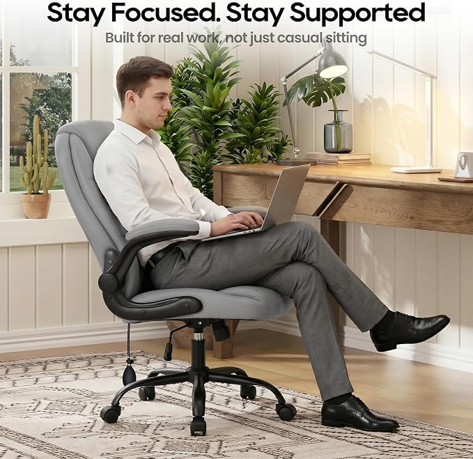 MALOL Leather Office Chair with Adjustable Lumbar Support Set of 2, Grey | Computer Desk Chair with Thick Cushion, Flip-Up Arms and Ergonomic Back, Comfy Executive Office Chair for Home Office Gaming - Image 9