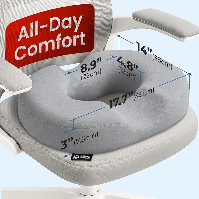 5 STARS UNITED Donut Pillow for Tailbone Pain & Hemorrhoids – Large Memory Foam Seat Cushion for Bed Sore-Prone Areas & Pressure Relief – Prostate, Postpartum & Pregnancy Support, Gray Cotton Cover - Image 2