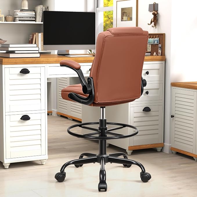 Drafting Chair, Tall Office Chair for Standing Desk, High Executive Leather Ergonomic Computer Chair with Adjustable Height and Flip-Up Armrest for Counter Height Desk, Brown, Pack of 1 - Image 8