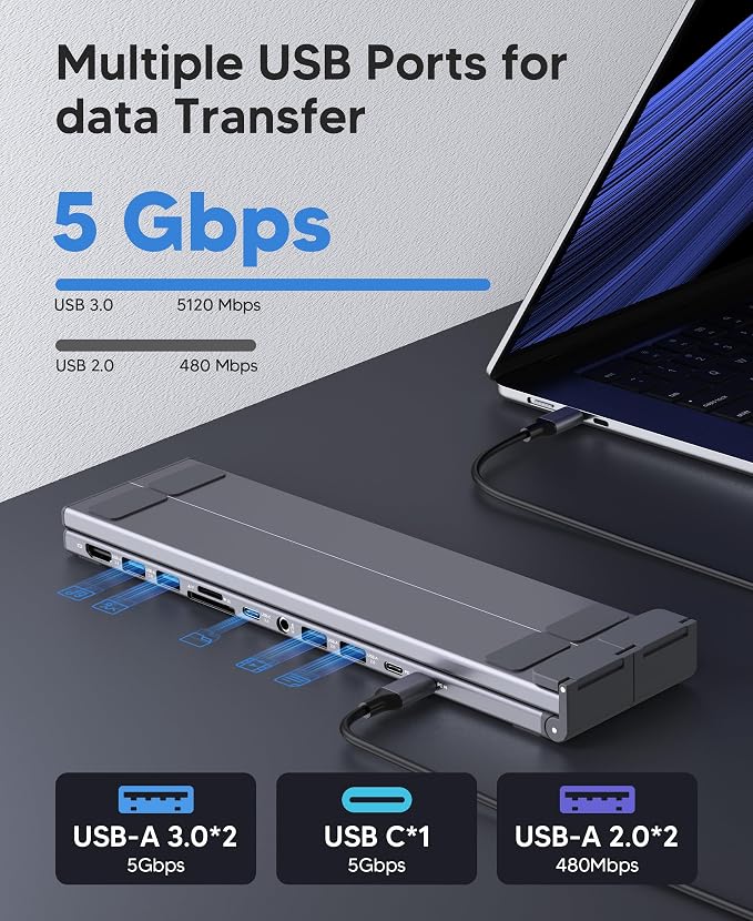 Laptop Docking Station Stand,11 in 1 Laptop Dock Stand with 4K HDMI | 4K@60Hz HDMI, 2 USB A 3.0, 2 USB A 2.0, PD 100W, USB C 3.0+SD&TF+Audio Compatible with Mac Pro/Air/Dell/HP/Surface/Lenovo - Image 6