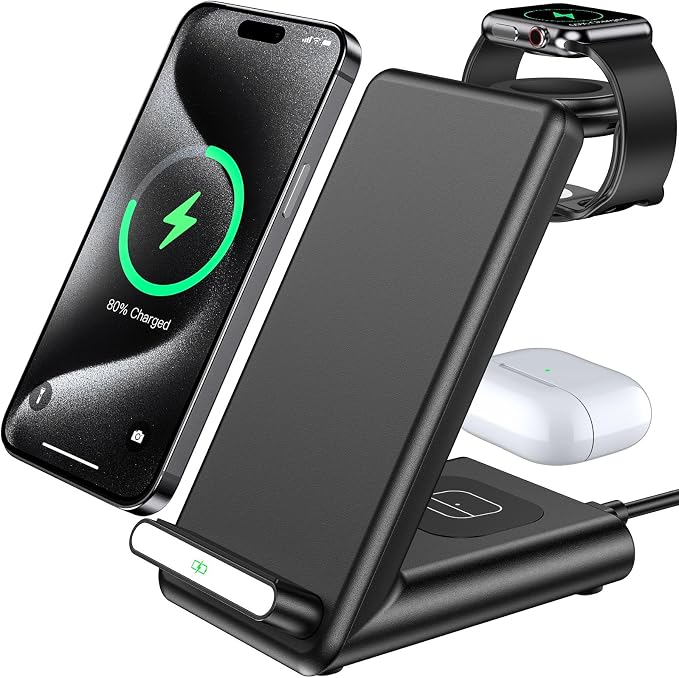 Wireless Charging Station,3 in 1 Charging Stand for Apple Multiple Devices | Fast Wireless Charger for Apple Watch Ultra 11 10 9 8 7 6 SE 5 4 3, for iPhone 17/Air/16/15/14/13/12,for AirPods Pro (Black) by QKXC