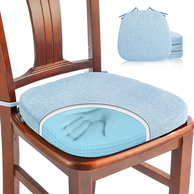 SINOSSO 4 Pack Memory Foam Chair Cushions for Dining Chairs, Friendly Woven Fabric 16" U-Shape Comfortable Kitchen Chair Pads, Removable Slip Resistant Seat Cushions (Set of 4, Water Blue) by SINOSSO