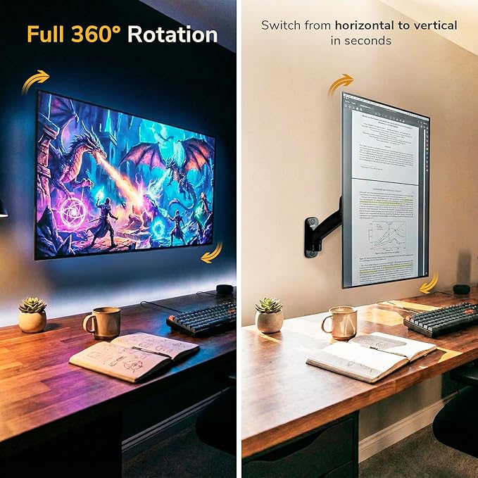 Mount-It! Monitor Wall Mount Arm, Full-Motion Gas Spring, Fits 13–32″ Screens up to 14.3 lbs, VESA 75x75 & 100x100, Tilt Swivel Rotate, Single-Stud Wall Mounted Computer Monitor Arm, RV Compatible - Image 2