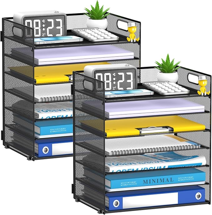7 Tier Paper Organizer for Desk with Mesh Letter Trays and Handle 2 Pack | 2 Pack Desk File Organizer with Handle for Sorting Papers, Files, Folders, Mail, Bills and Office Supplies by Unknown