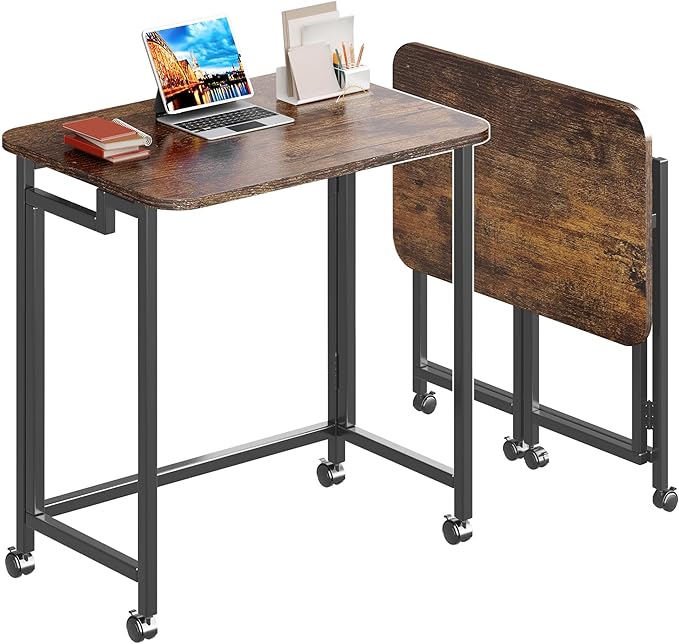 4NM 23.6" Mobile Small Rolling Computer Desk, Folding Laptop Cart Table with Wheels, Portable Office Desk for Small Space Couch Bed - Rustic Brown and Black by 4NM