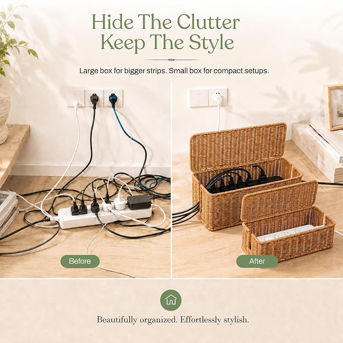 2PCS Cable Management Box Set, Handmade Rattan Cord Organizer | Large & Standard Sizes for Power Strip, Router & USB Hub, Registered U.S. Design Patent - Image 4