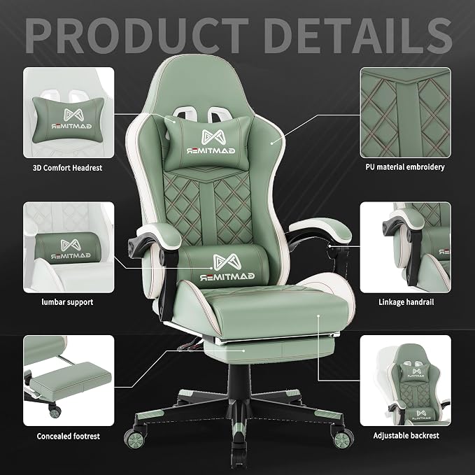 Gamtimer Gaming Chair, 400 LB Weight Capacity,with Pocket Spring Cushion | Ergonomic Backrest Office Chair,Leather, with Headrest and Lumbar Support, Footrest, Suitable for Adults(Green) - Image 4
