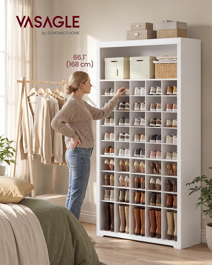 VASAGLE Tall Shoe Storage Cabinet, 10‑Tier, Holds Up to 50 Pairs of Shoes | Vertical Wood Rack, 39.4 x 13.2 x 75.4 inch, for Entryway, Cloud White, HELAN Collection ULBS275WB01S - Image 2