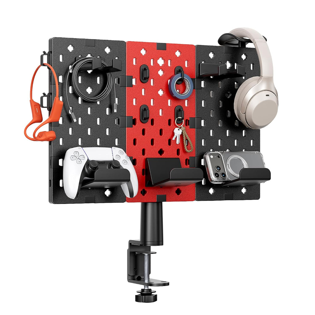 PEGZONE Modular Headphone and Controller Holder for Game, Clamp-on Pegboard, Rotatable Controller Stand with Cable Hooks, Gaming Accessory for Xbox PS5 PS4 Nintendo Switch, 3Pcs Pegboard, Red by PEGZONE