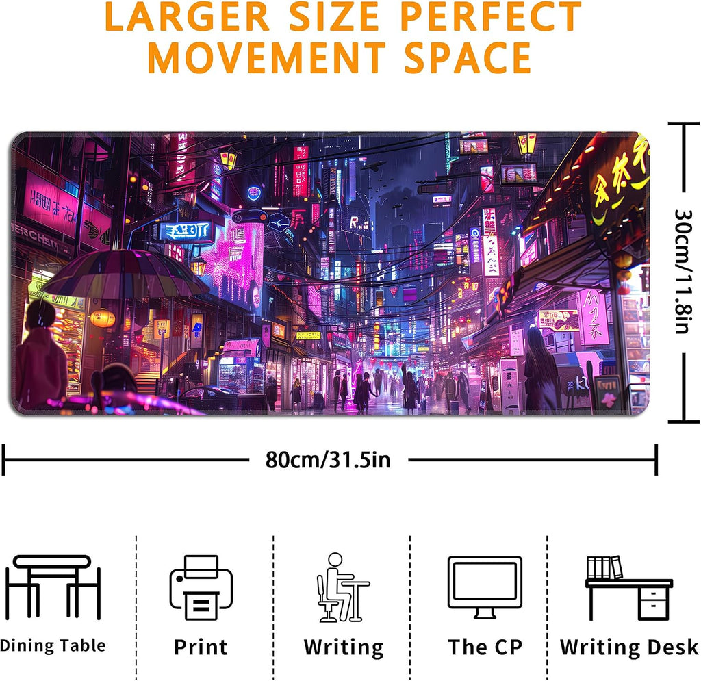 Cyberpunk Mouse Pad,XL 31.5"x11.8" Big Gaming Mousepad,Japanese Streets Large Extended Mouse Mat,Non-Slip Rubber Base Waterproof with Stitched Edges for Gaming Office Home - Image 3