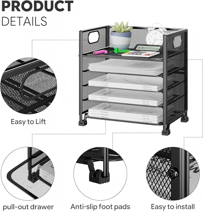 Simple Trending 5-Tier Paper Tray Organizer, File Organizer for Desk, Black | Letter Tray Holder with Handle. Sturdy Metal Frame. Non-slip Feet. Black for Office Home School. 13"L x 9"W x 13"H - Image 4