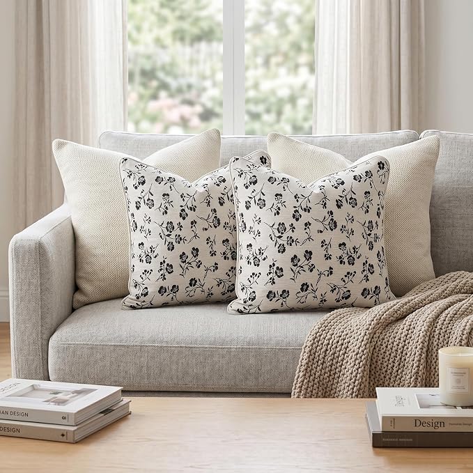 18x18 Chenille Jacquard Throw Pillow Cover, Off-White Vintage Floral Cushion Case with Piped Edges, Decorative Accent for Sofa, Couch & Bed, 2 Pack - Image 2