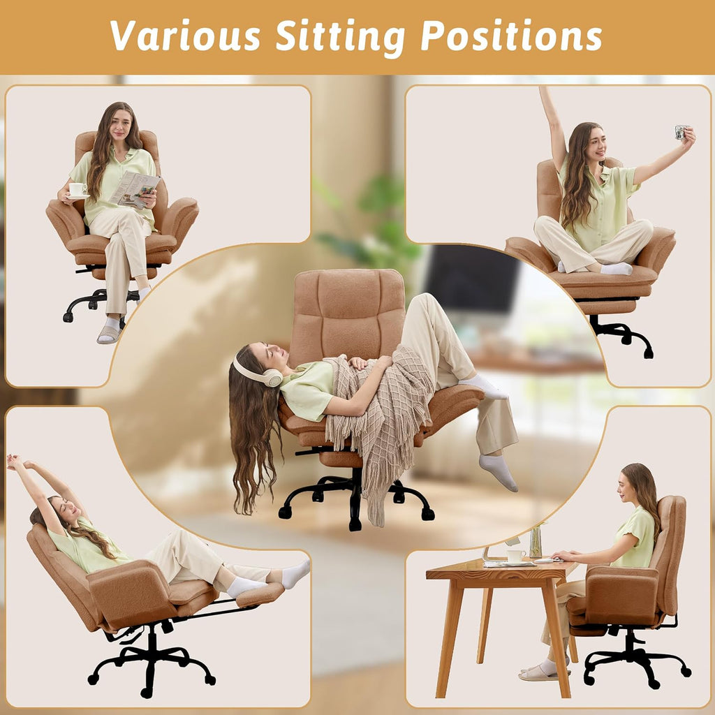 Wider Seat Office Chair with Flip Armrests for Criss Cross Legged&Cats, Big and Tall Executive Ergonomic Reclining Chair with Footrest&Lumbar Pillow, Teddy Fleece Desk Chair,Pink Vanity Chair - Image 6