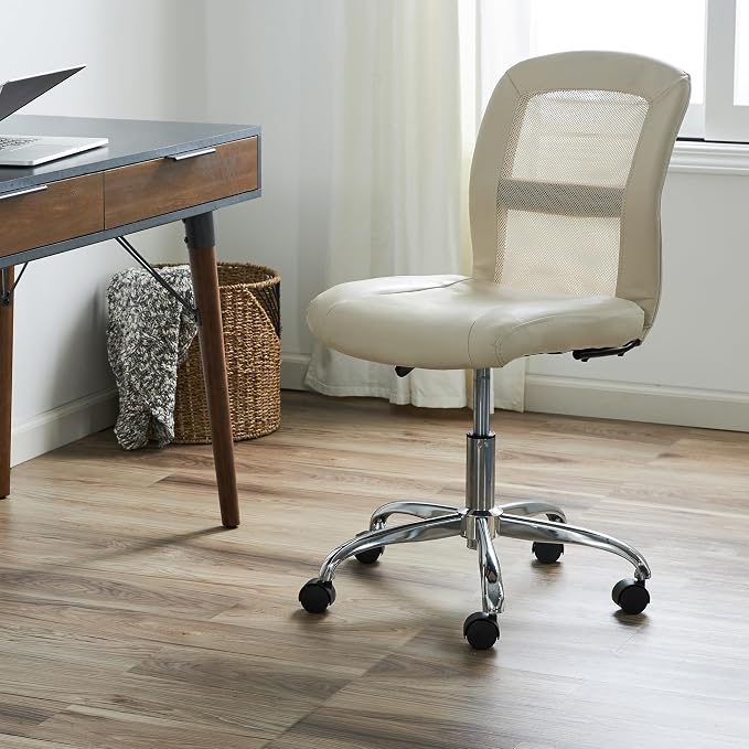 Serta Armless Small Home Desk Chair with Wheel, Ergonomic Mesh Office Chair | Essentials, Leather & Foam Cushioned Seat, Adjustable Height, Bedroom & Small Space Vanity Chair, 360° Swivel, Cream White - Image 2