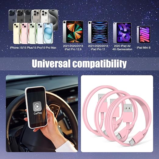 3-Pack Pink [3.3FT+3.3FT+6FT] USB A to USB C Cable，USB to USB C Car Carplay Cable for iPhone 16 15 Pro Plus Pro Max，for iPad Pro/Air/Mini，for Samsung S24/S23/S22/S21，for MacBook Pro/Air and More - Image 6